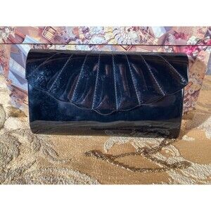 Vintage 80s Purse 1980s Black Patent Gold Chain Glam Retro Chic Handbag